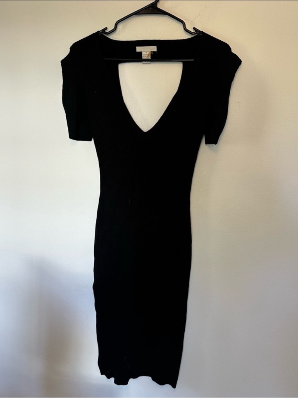 Black Ribbed Open Back Cutout V-Neck Bodycon Mini Dress Medium LBD